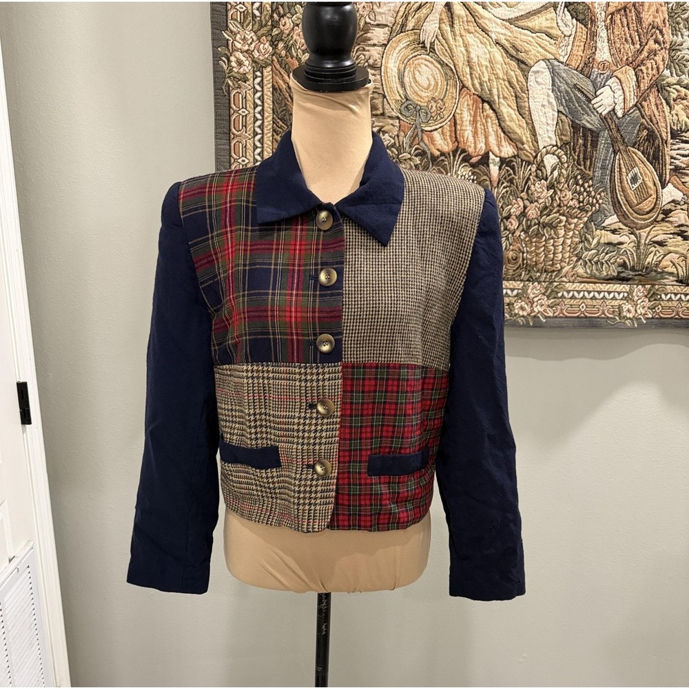 David Brooks Jacket Womens 12 Multicolor Plaid Wool Patchwork USA Cropped Preppy